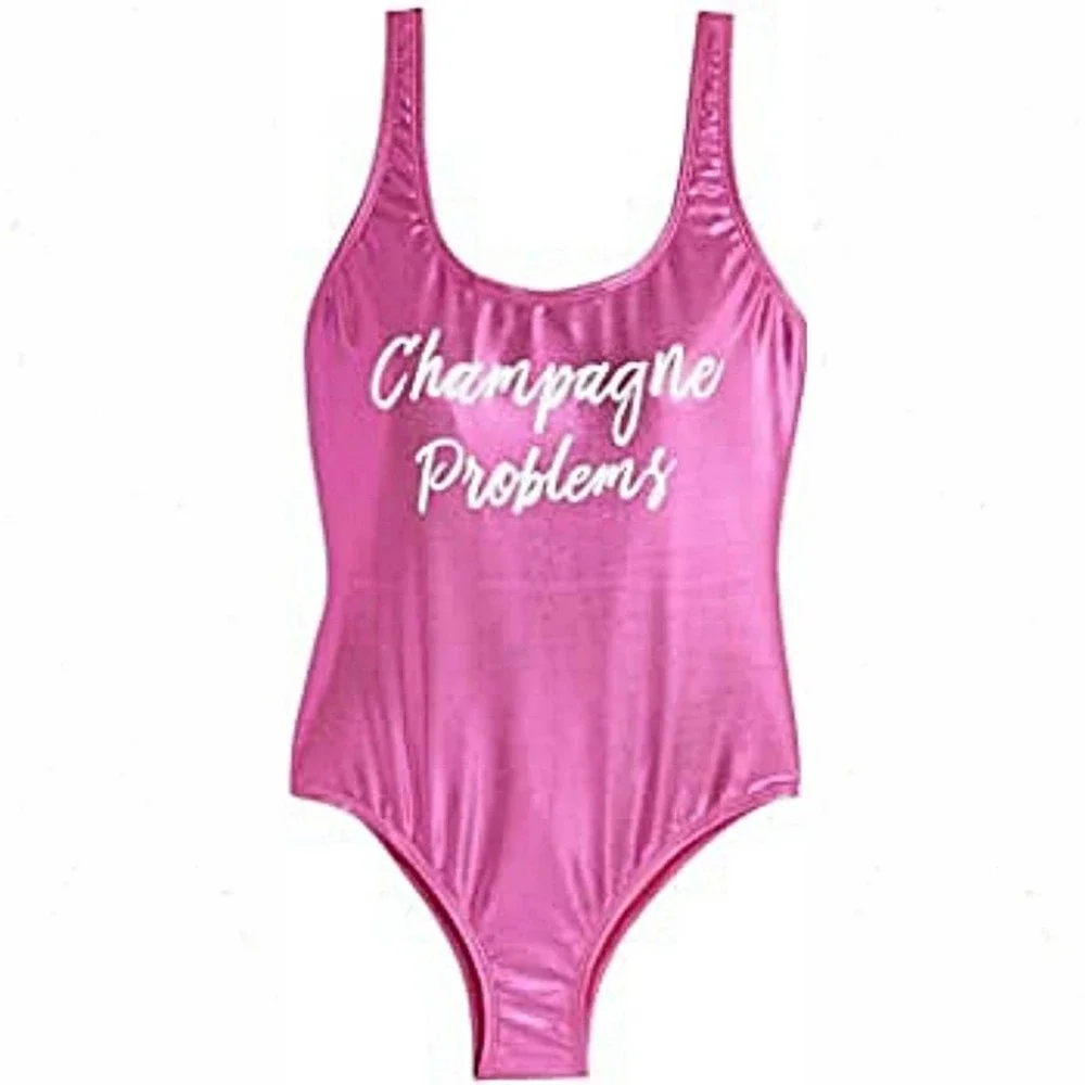 Champagne Problems Metallic Graphic Cheeky One-Piece Swimsuit in Pink - Picture 3 of 8